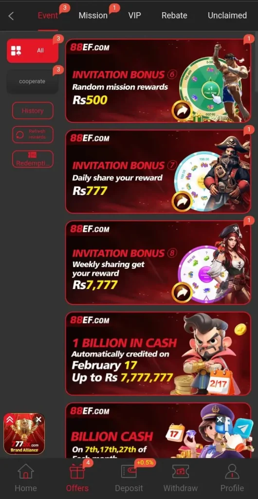 88EF Game Daily bonuses