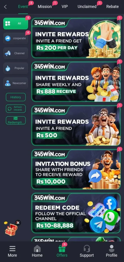 Daily bonuses in 345win game