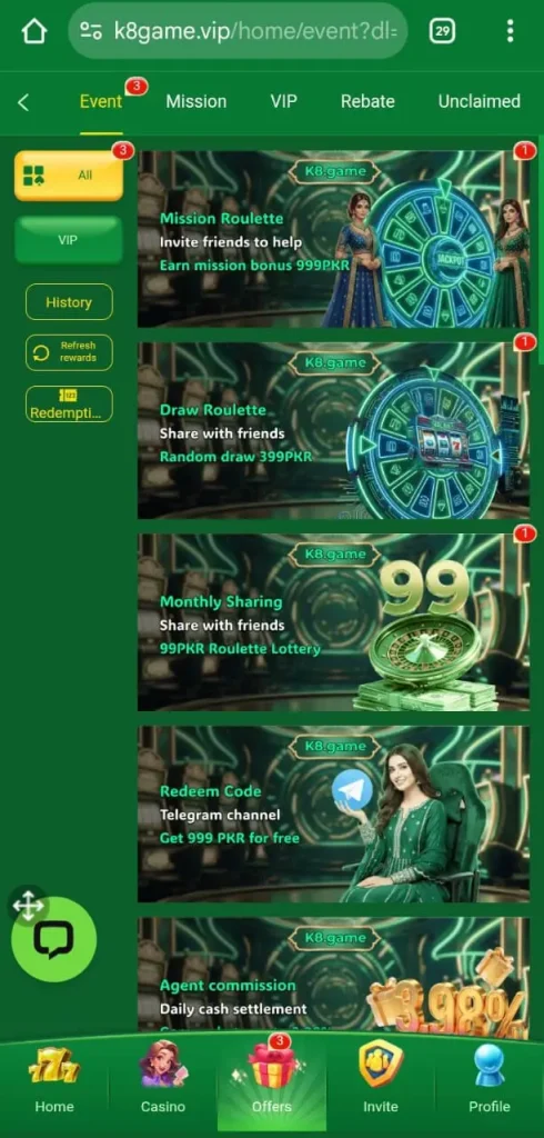 K8 Game daily bonuses