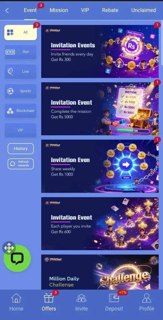 Daily bonuses in Y444 Game