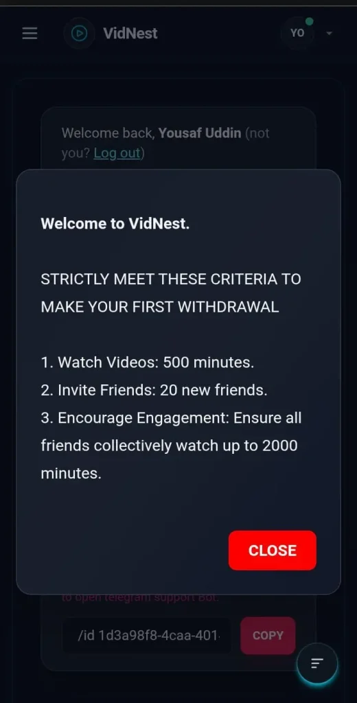Vidnest Watching Videos and Earning app interface screen shot image