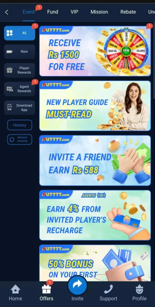 Daily bonuses in U7777 Game