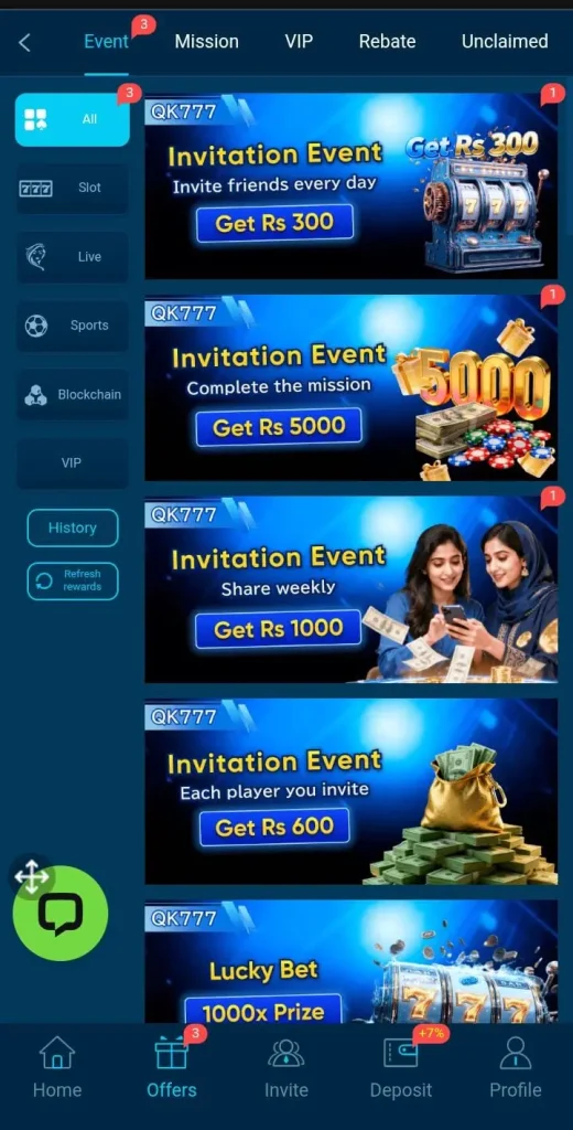 Daily bonuses in QK777 Game