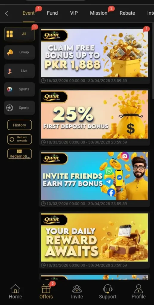 daily bonuses in 9win game