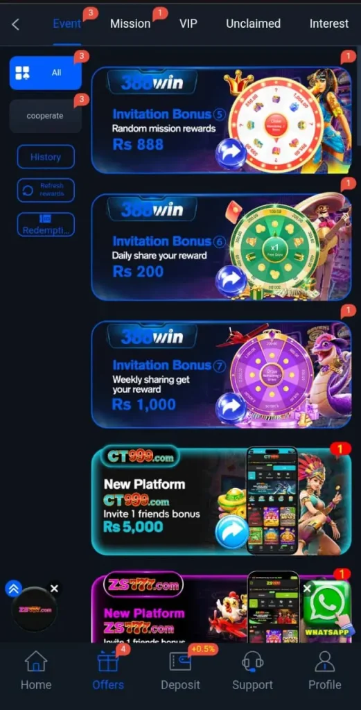 Daily bonuses in 388win game