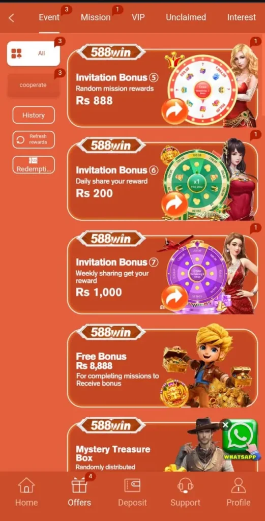 Daily bonuses and rewards in 588win game