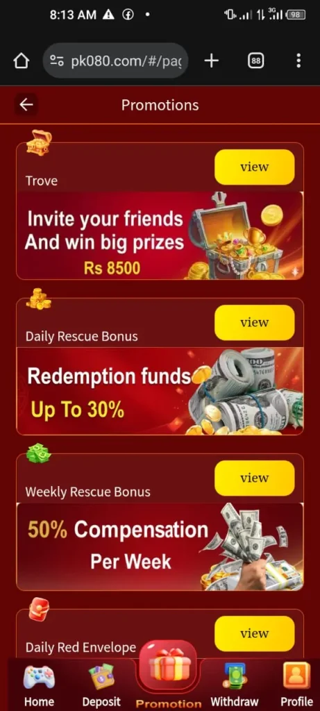 Daily bonuses and permotion in pk080 game