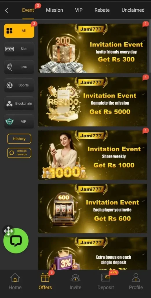 Daily  bonuses in jami777 game