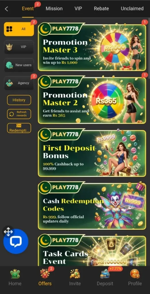 Daily bonuses in play7778 game
