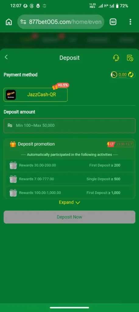 Deposit method in 877bet game