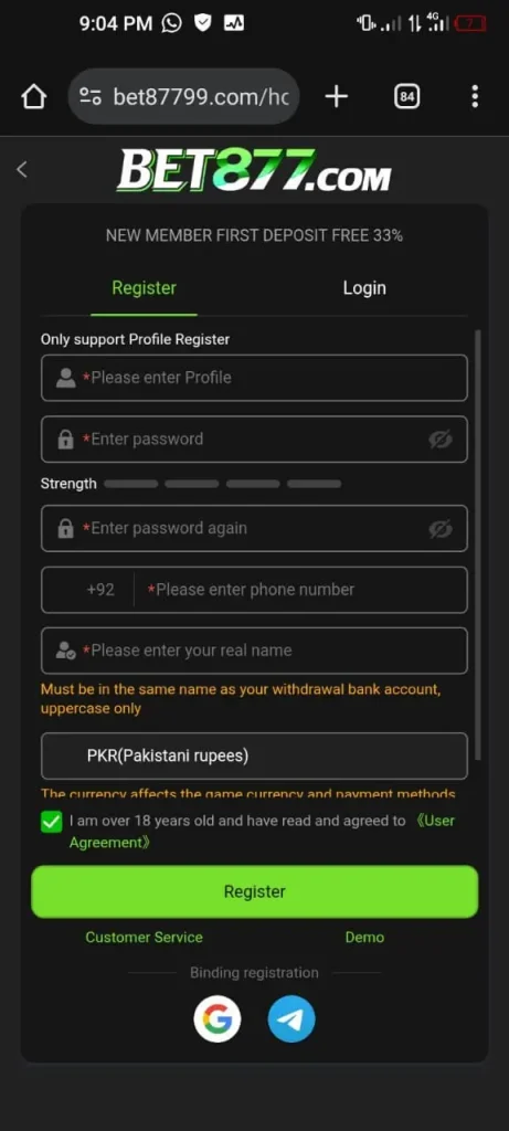 Bet877 Game Login & Create account method