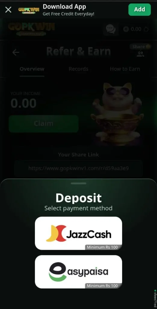 Deposit method in GOPKWIN Game