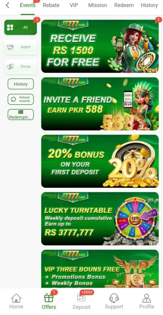Daily bonuses in JZ777 Game