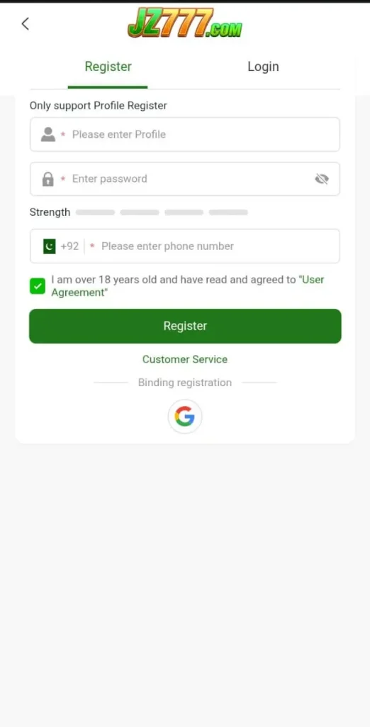 Login And Registration in JZ777 Game