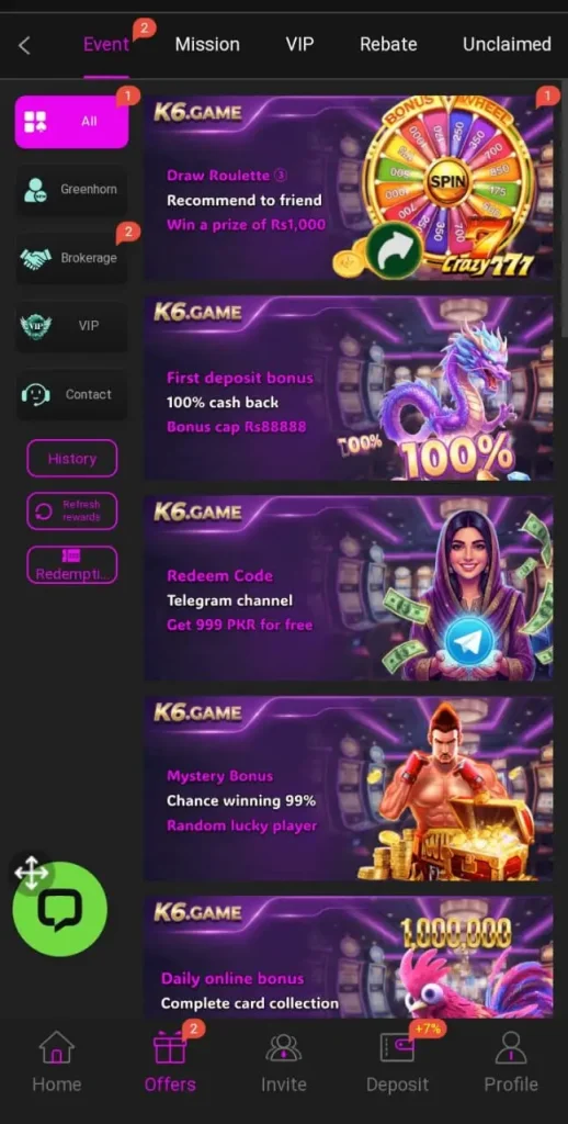 Daily bonuses in k6 game