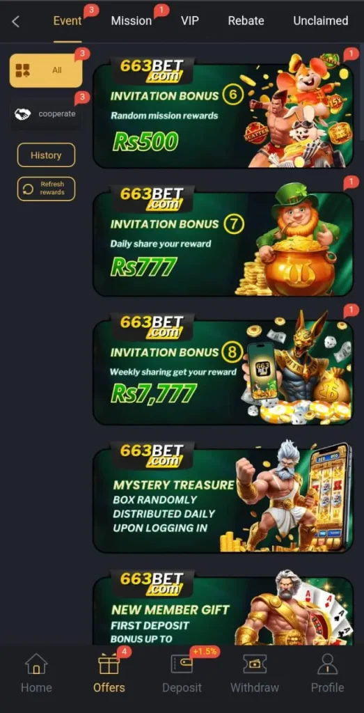 Daily bonuses in 663bet game