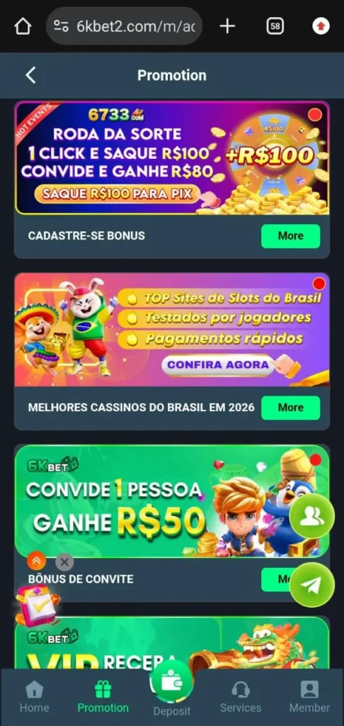 Daily bonuses in 6KBet game